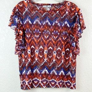 Zara red burgundy Aztec Floral Lace ruffle top M